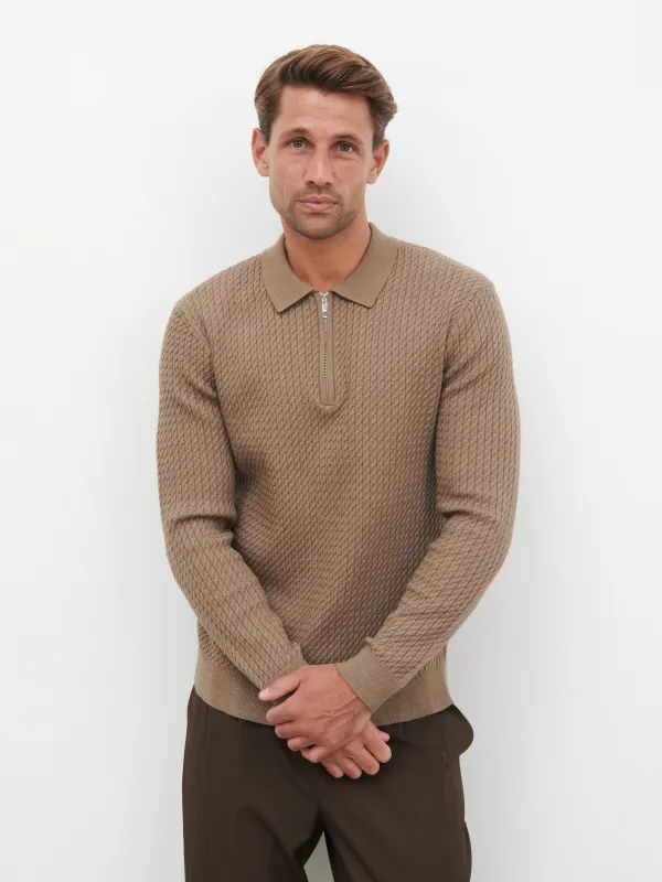 William Fine Cable Knit Zip Jumper - Light Brown sold by NOBL