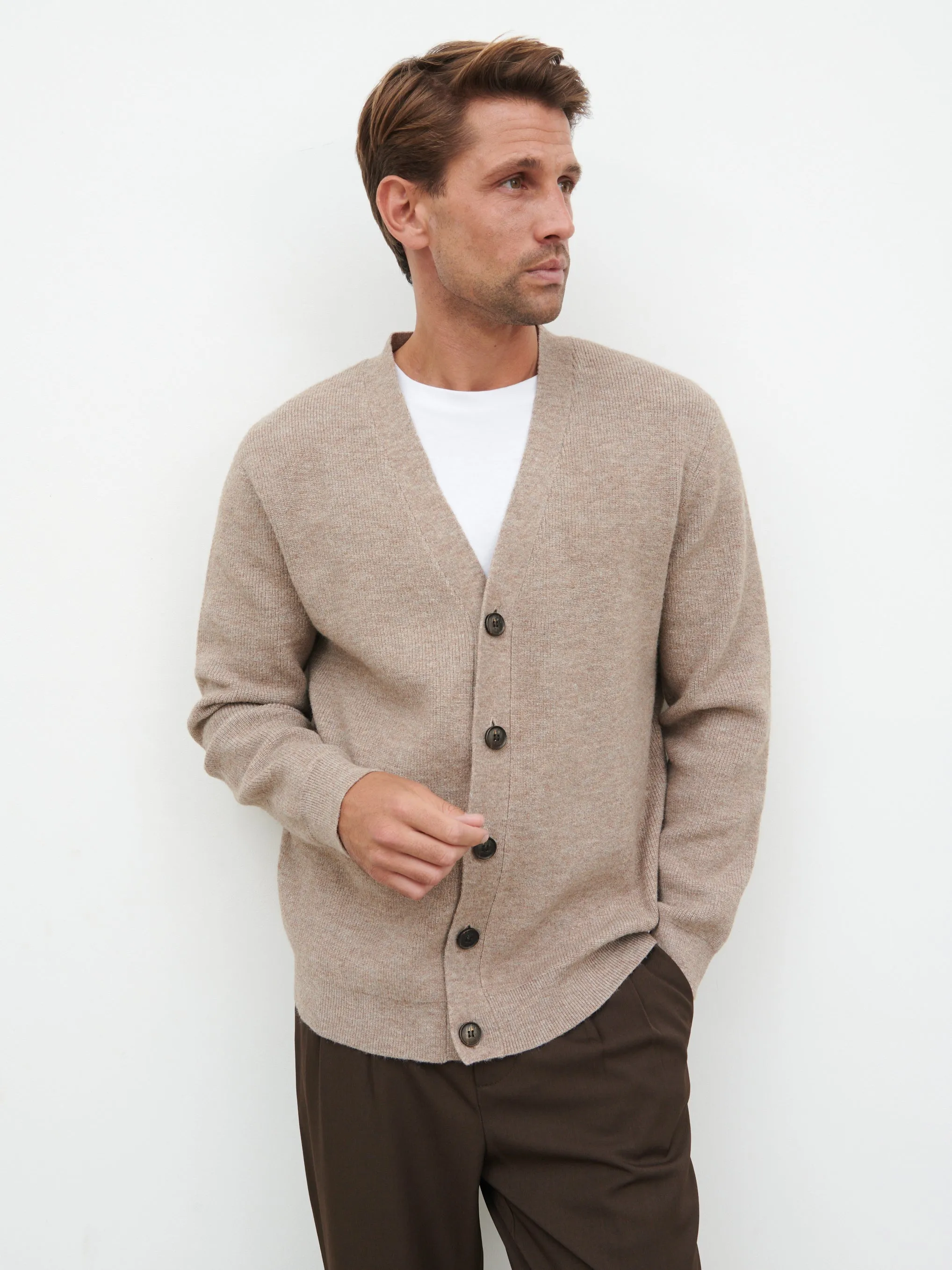 Frederick Button Down Cardigan - Light Brown Marl sold by NOBL
