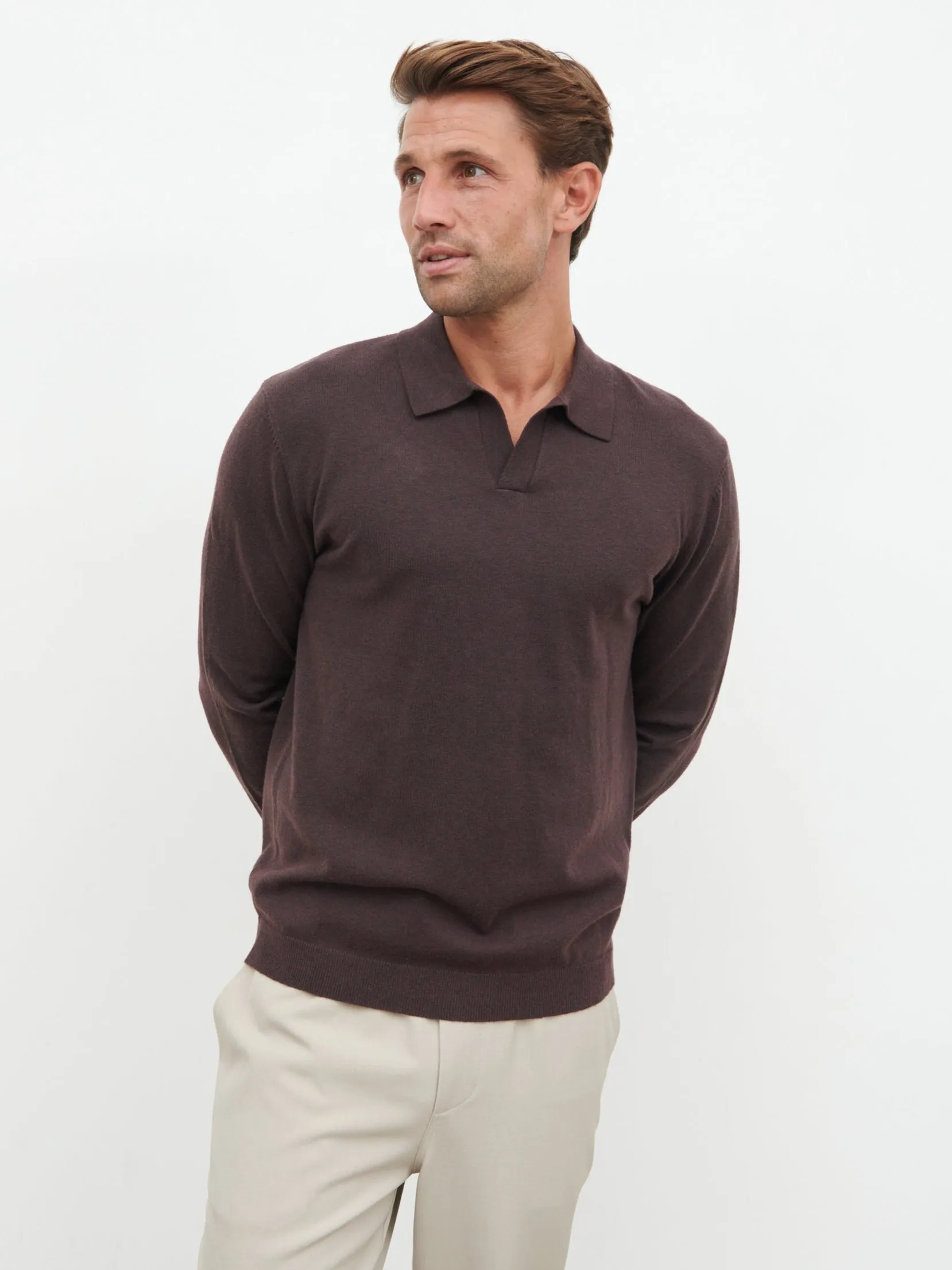 Robin Long Sleeve Lightweight Knit Polo - Chocolate sold by NOBL product image thumbnail 3