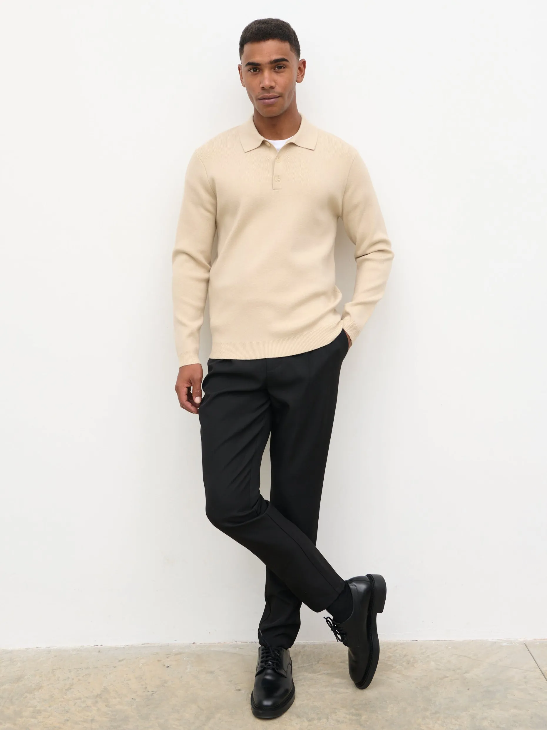 Rylan Button Long Sleeve Knit Polo - Stone sold by NOBL