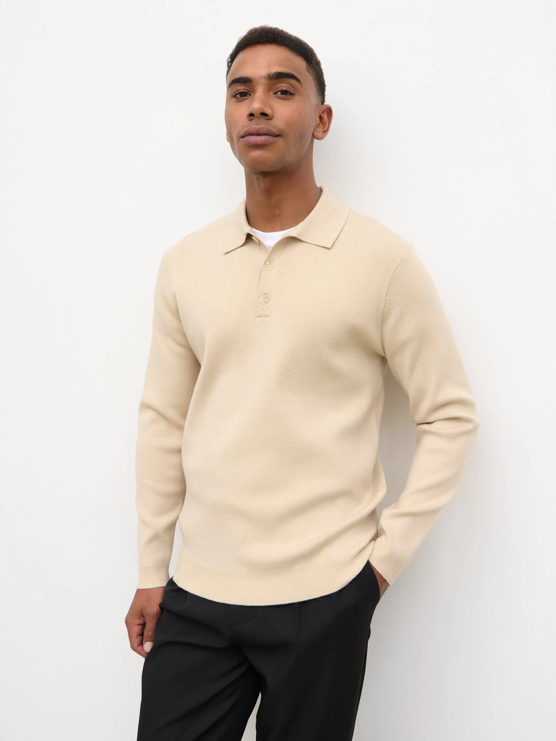 Rylan Button Long Sleeve Knit Polo - Stone sold by NOBL product image thumbnail 3