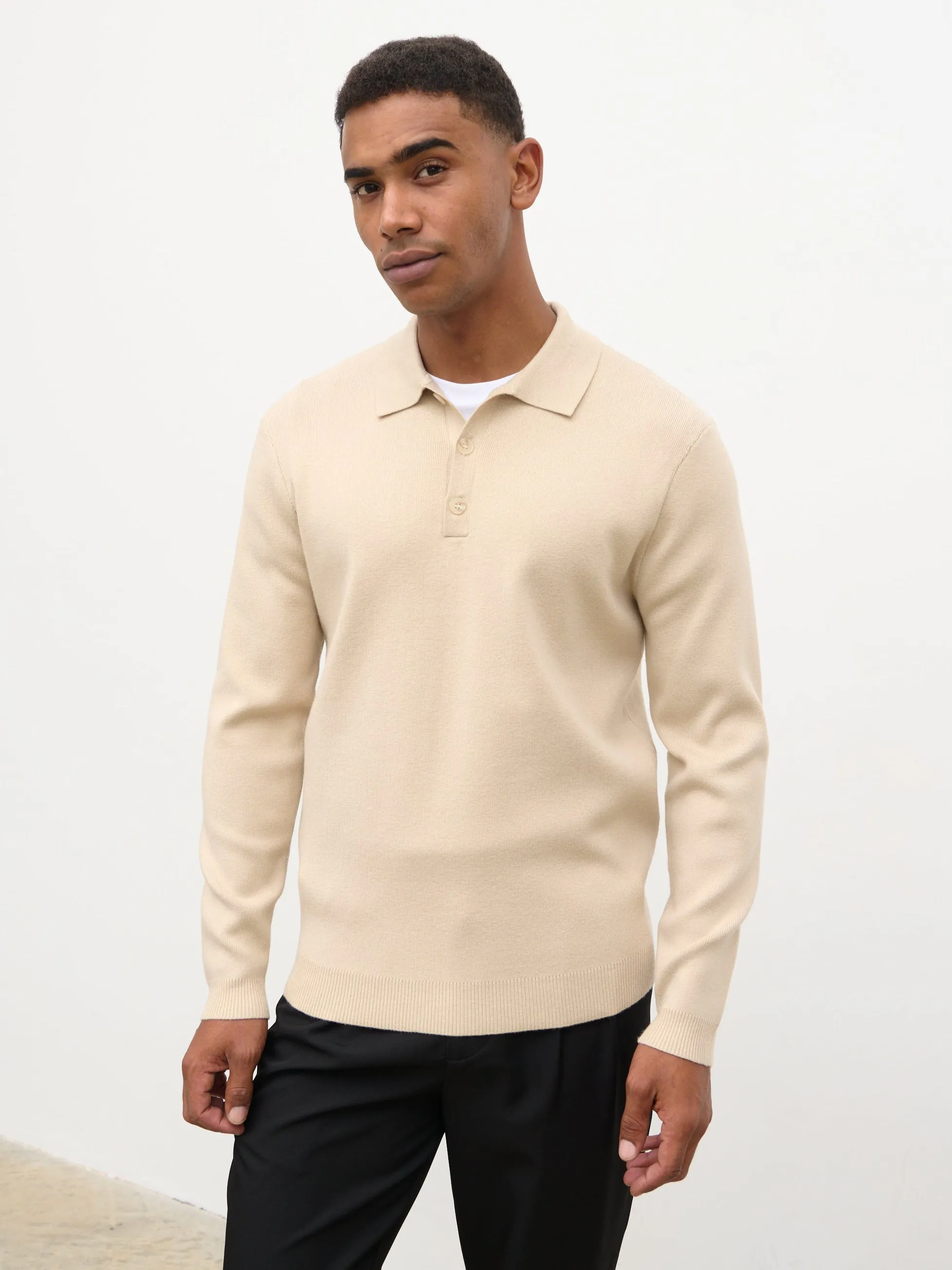 Rylan Button Long Sleeve Knit Polo - Stone sold by NOBL product image thumbnail 4