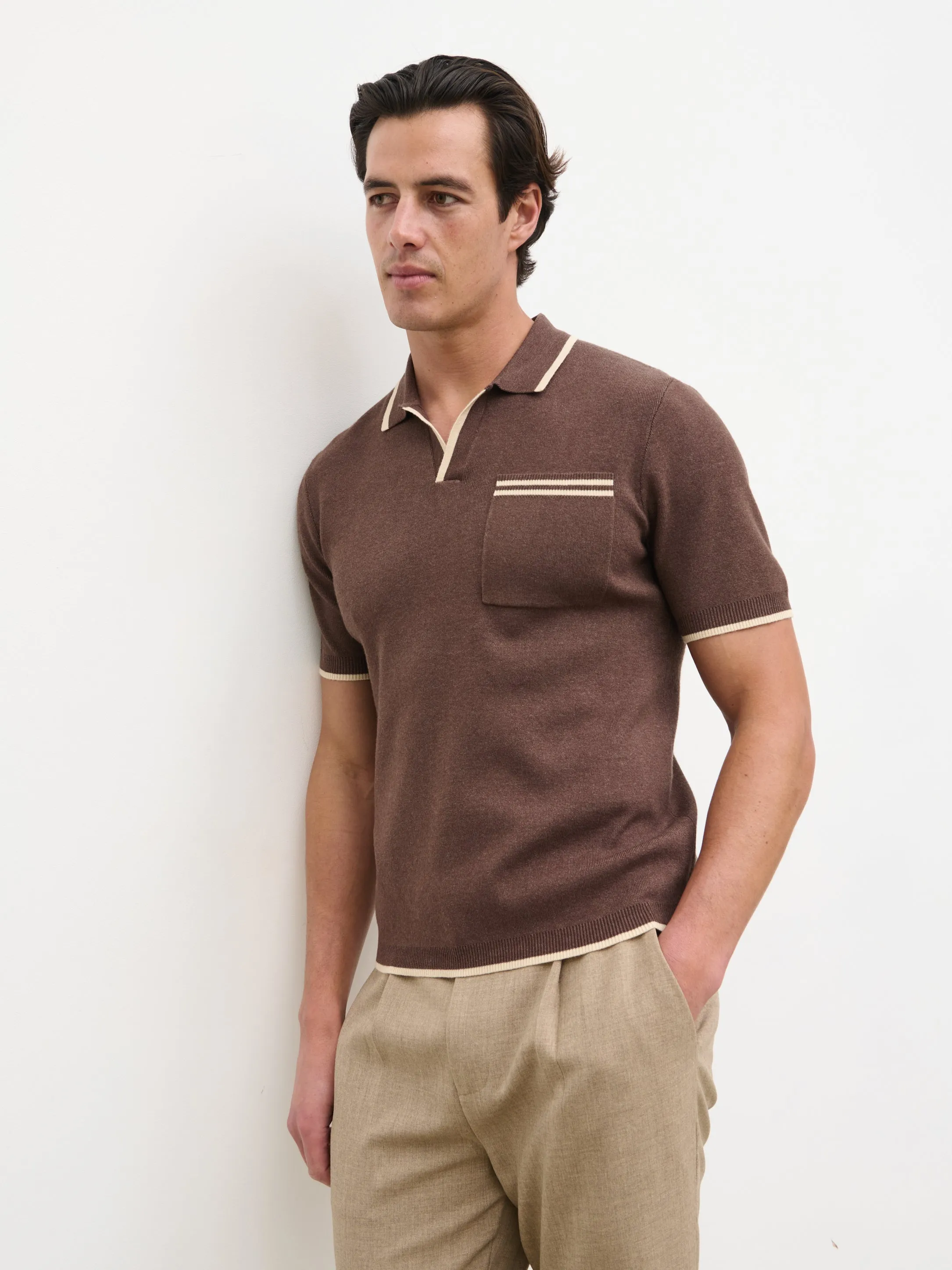 Emerson Tipped Open Collar Knit Polo - Brown and Stone sold by NOBL product image thumbnail 3