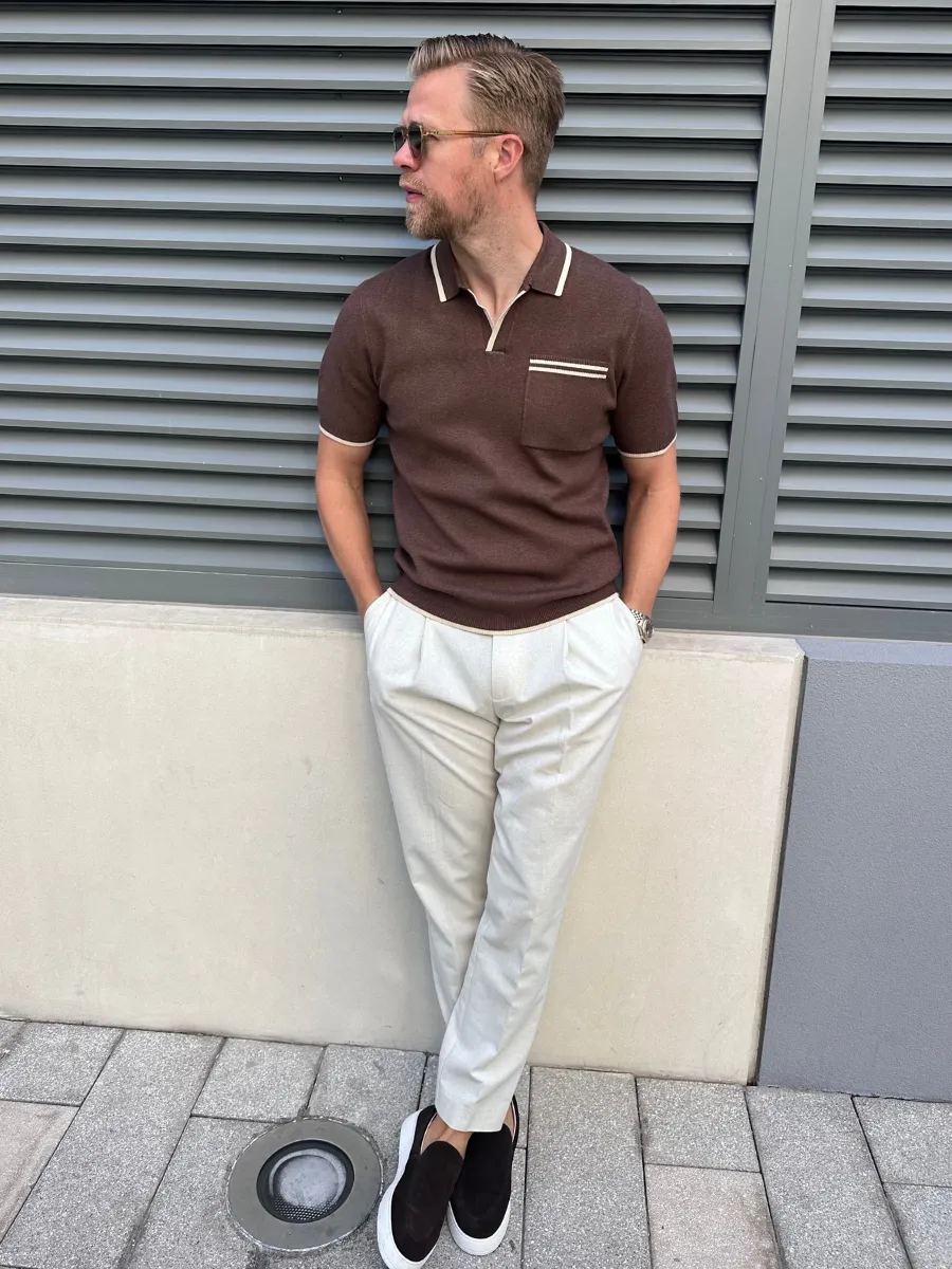 Emerson Tipped Open Collar Knit Polo - Brown and Stone sold by NOBL product image thumbnail 2