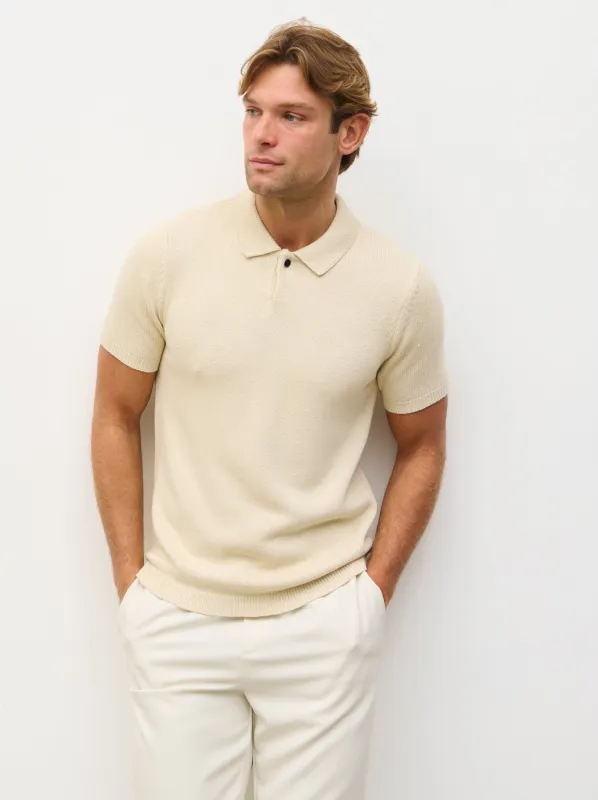 Syd Single Button Collar Knit Polo - Stone made by NOBL