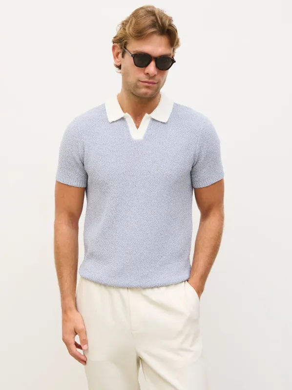 Hugo Oversized Open Collar Knit Polo - Blue and White made by NOBL