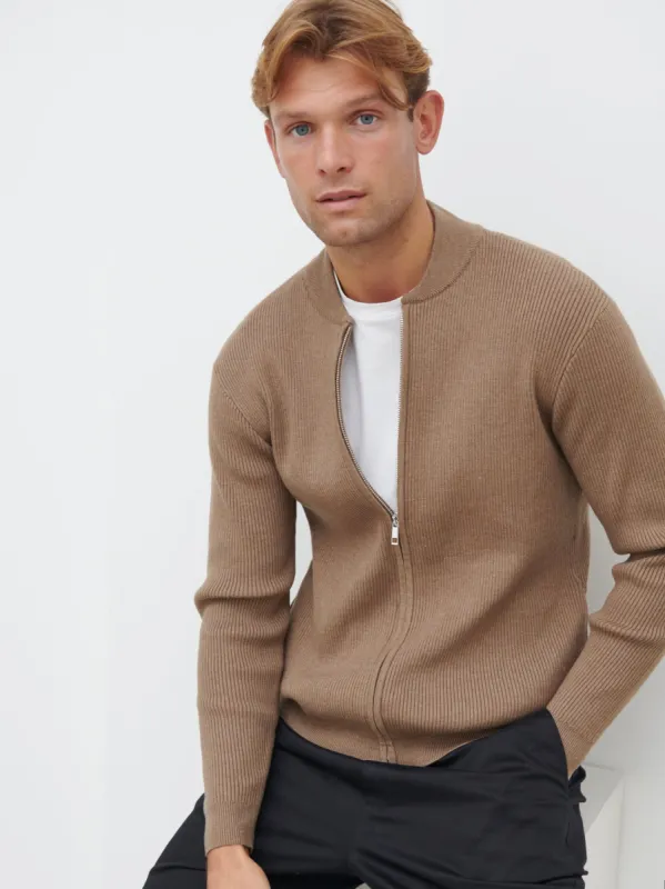 Maddox Ribbed Knit Bomber Jacket - Tobacco sold by NOBL