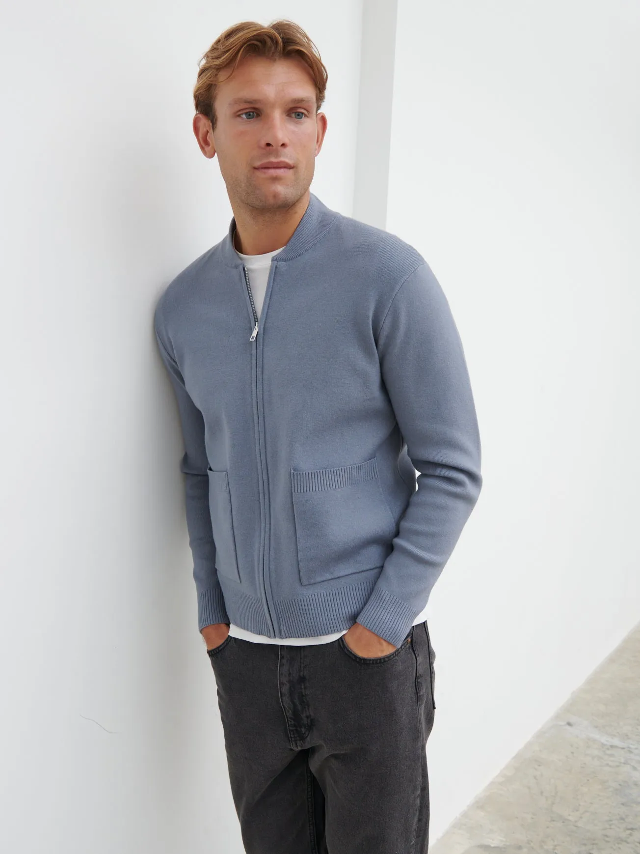 Arlo Knit Bomber Jacket - Steel Blue sold by NOBL