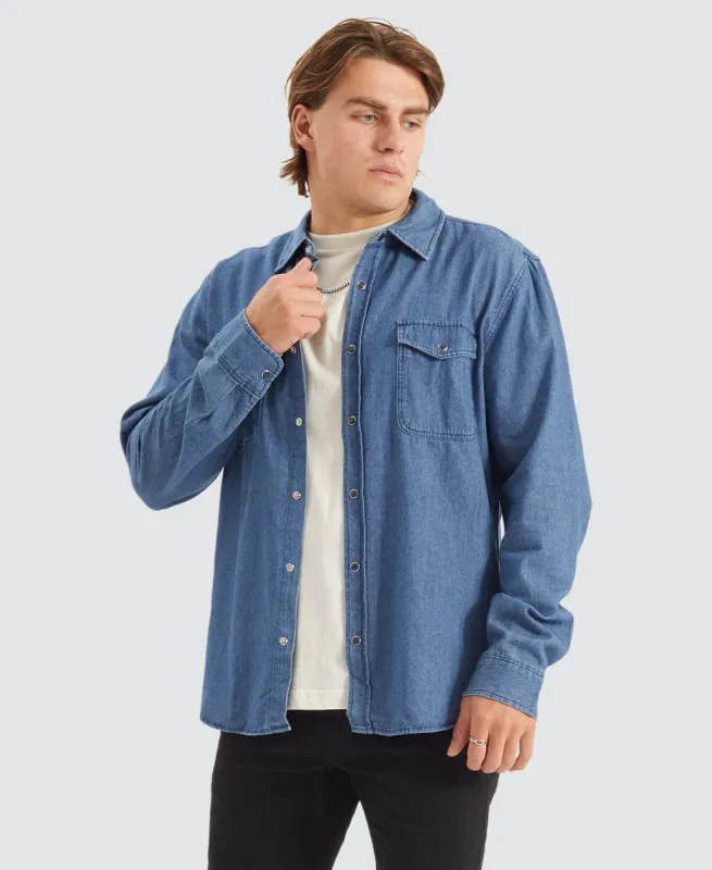 Wayne Long Sleeve Shirt Washed Indigo Blue sold by Neverland