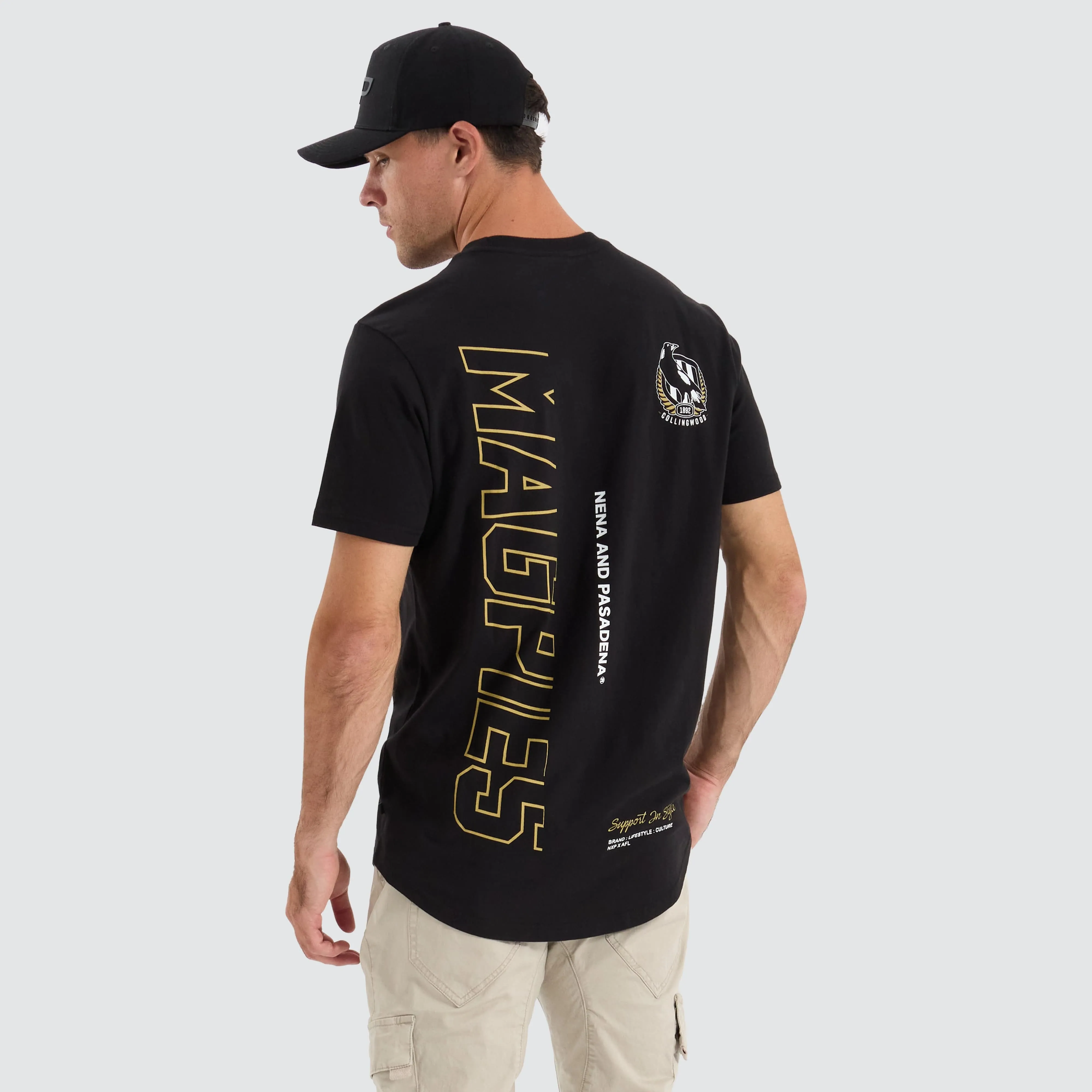 Collingwood Magpies AFL Dual Curved Tee Jet Black sold by Neverland
