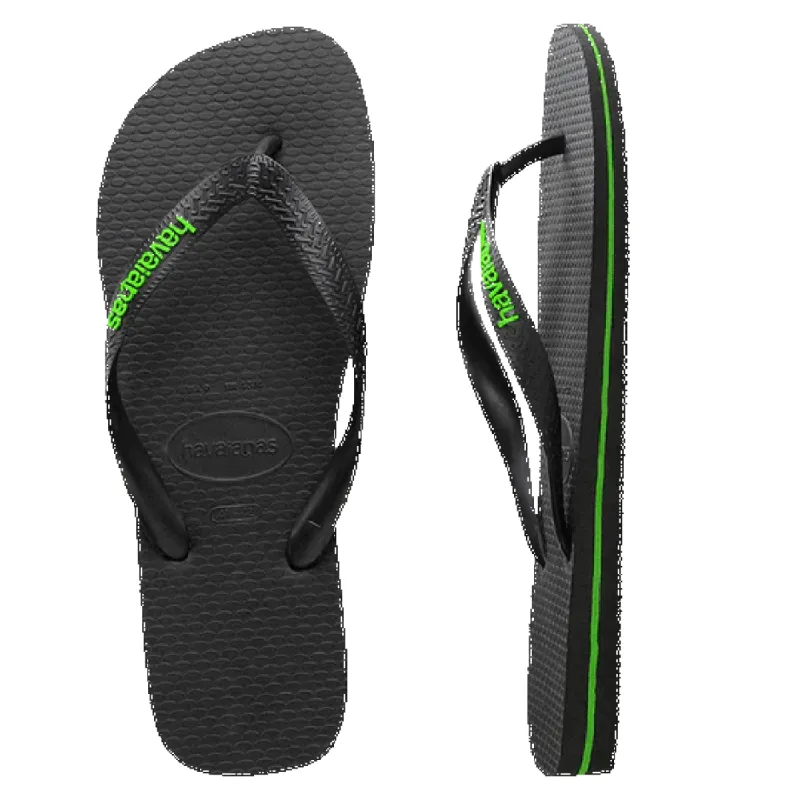 Rubber Logo Thongs Black/Neon Green made by Havaianas