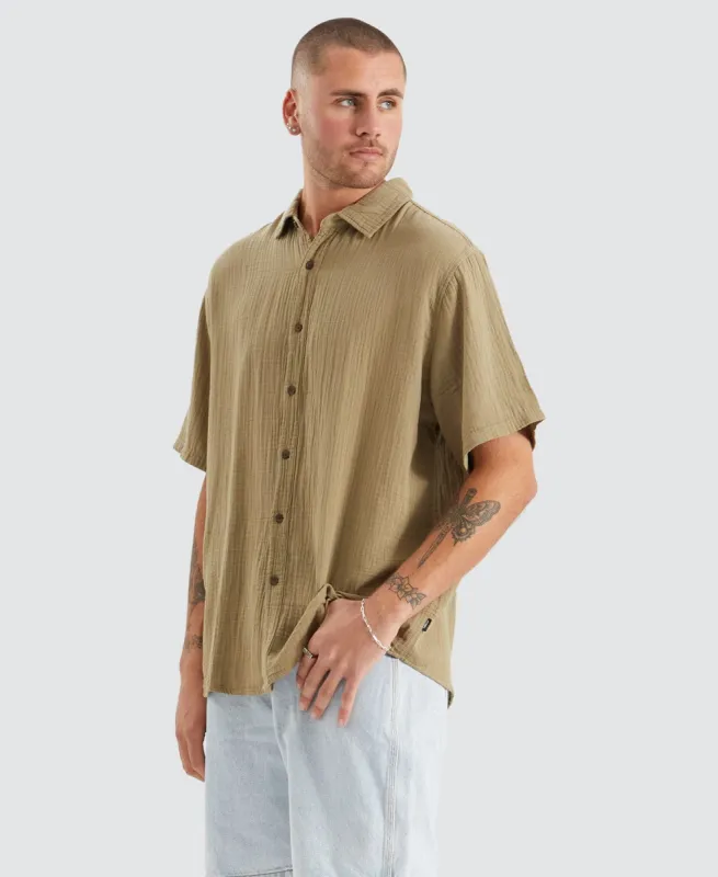 Minimal Thrills Seersucker Short Sleeve Shirt Khaki sold by Neverland