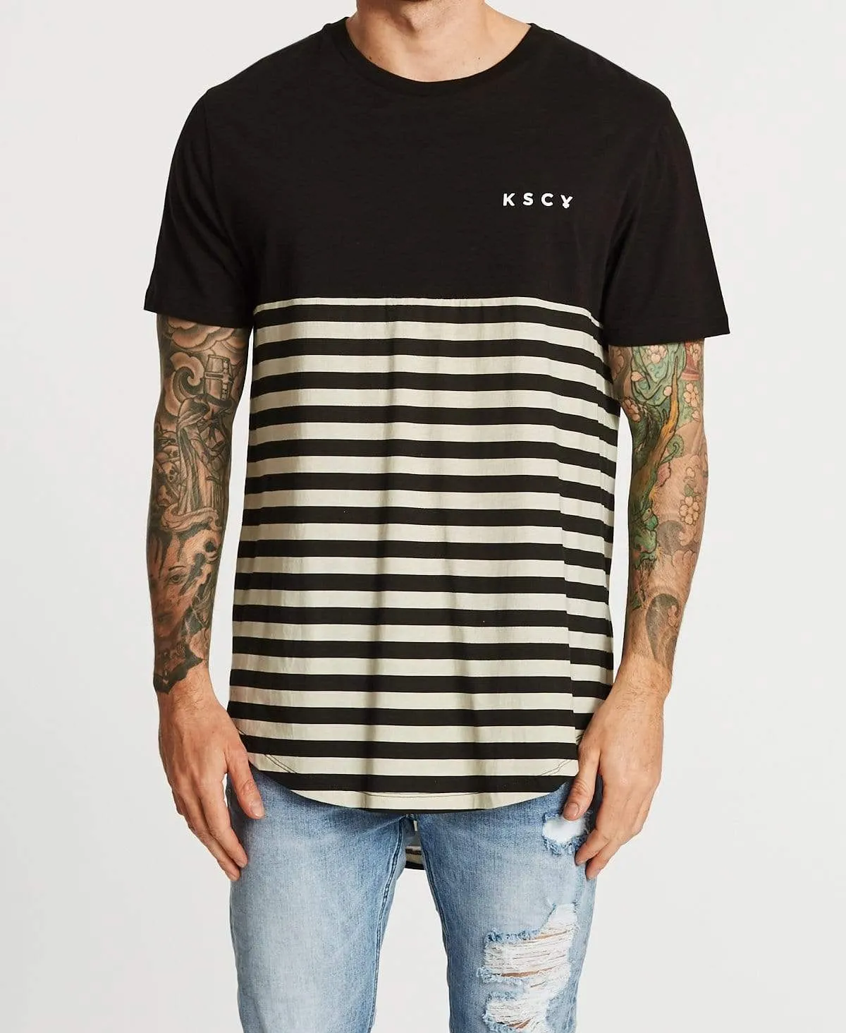 Heat Stroke Dual Curved T-Shirt Black/Sand Stripe sold by Neverland