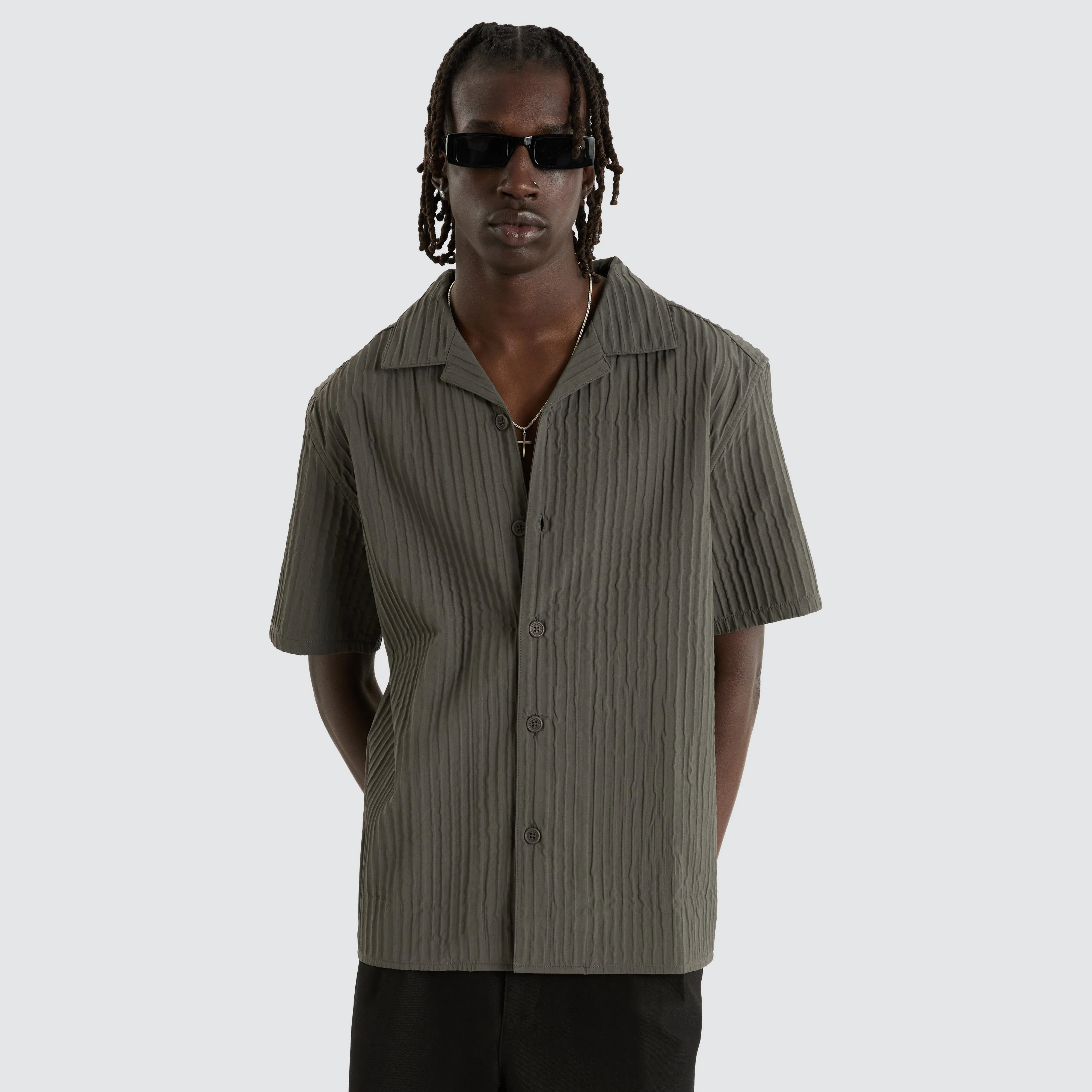 Pleated Resort Crop Shirt Pewter sold by Neverland