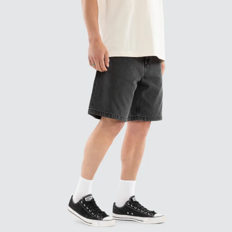 Mid Slacker Long Denim Jort Aged Black made by Thrills