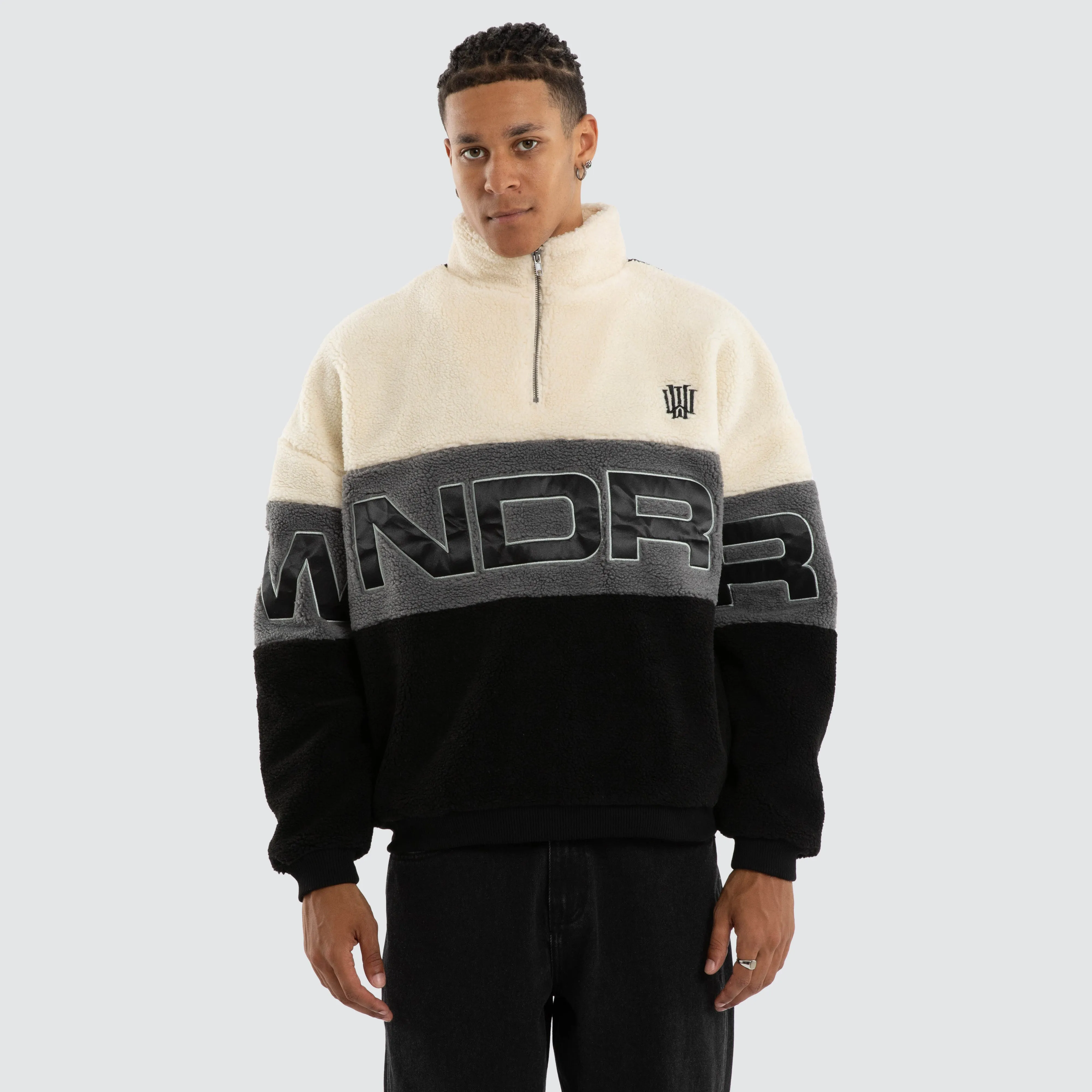 Primer 1/4 Zip Sherpa Sweater White/Black sold by Neverland