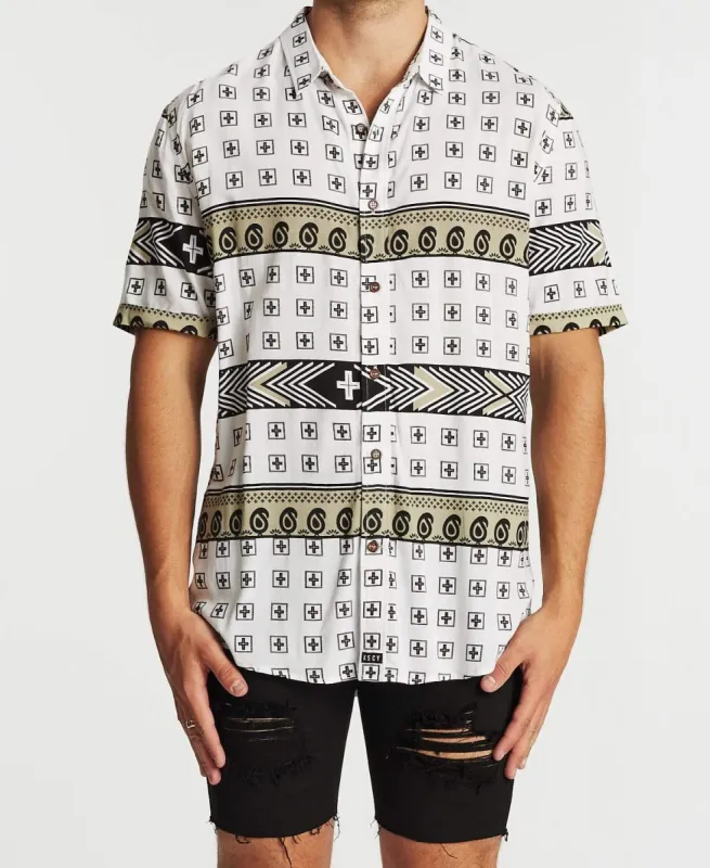 Lovina Relaxed Short Sleeve Shirt Sand/Black Print sold by Neverland