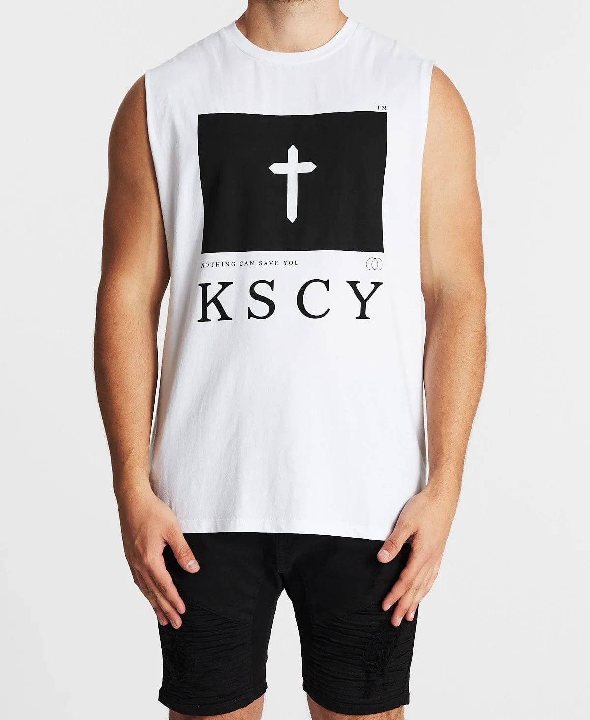 Save Us Step Hem Muscle Tee White sold by Neverland