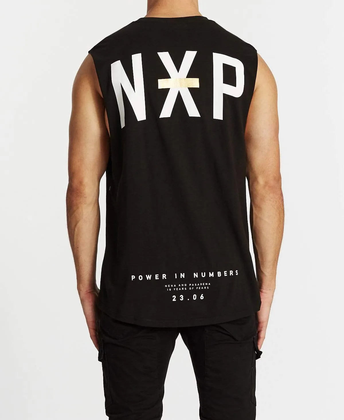 Power In Numbers Scoop Back Muscle Tee Jet Black sold by Neverland