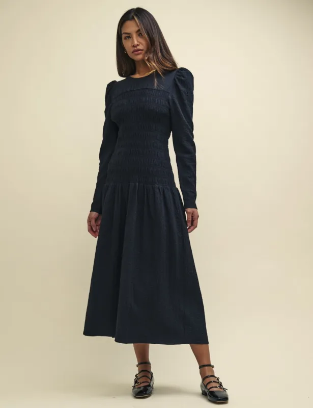 Black Shirred Dropped Waist Gracie Midi Dress sold by Nobody's Child