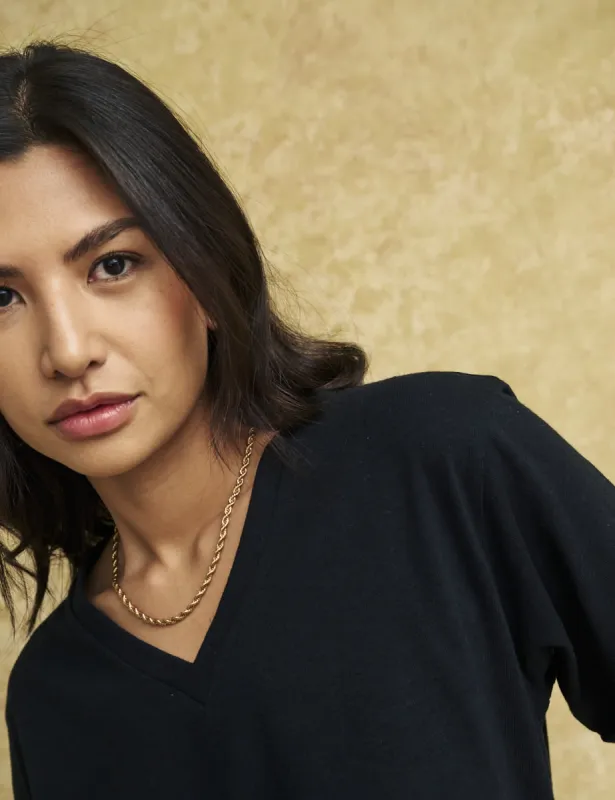 Black Linen-blend V-Neck T-Shirt sold by Nobody's Child