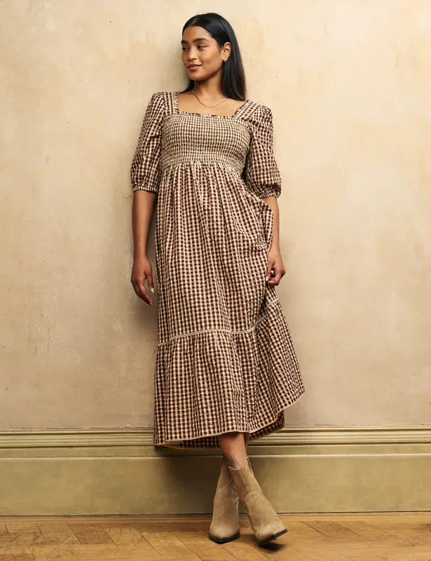 Petite Brown Gingham Check Elsa Midi Dress sold by Nobody's Child