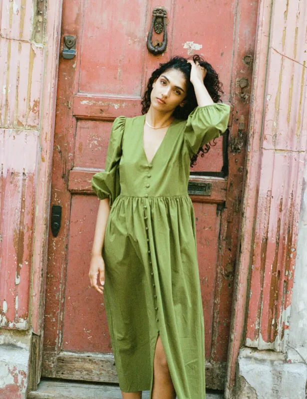 Olive Green Balloon Sleeve Ria Midi Dress sold by Nobody's Child