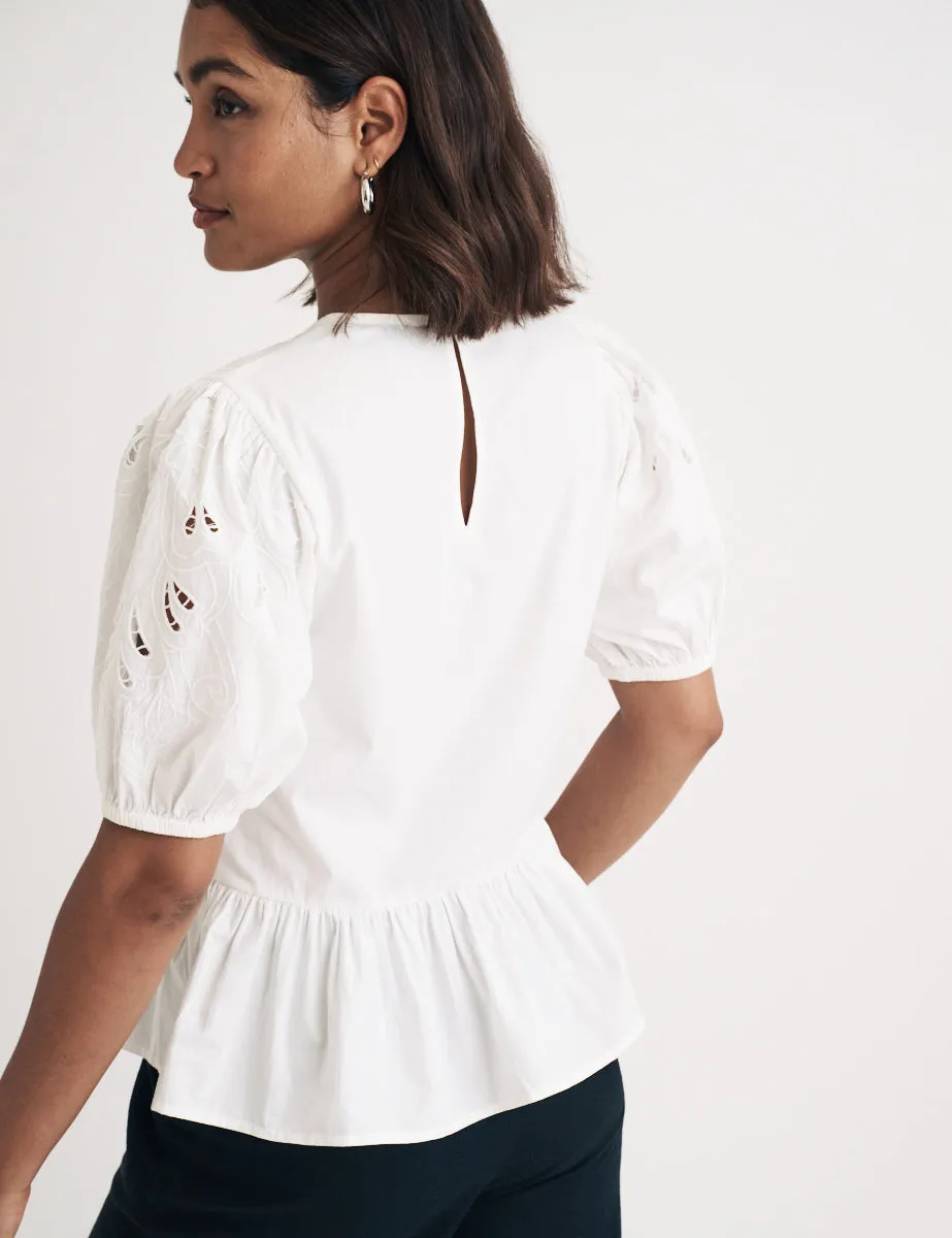 White Puff Sleeve Cutwork Detail Peplum Top sold by Nobody's Child product image thumbnail 4