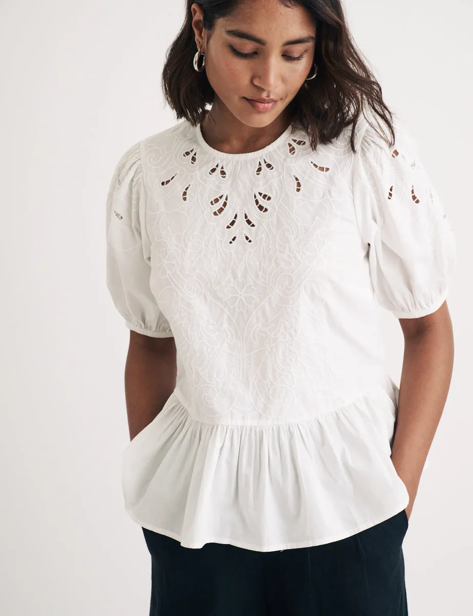 White Puff Sleeve Cutwork Detail Peplum Top sold by Nobody's Child product image thumbnail 3