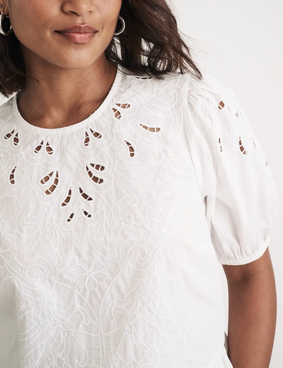 White Puff Sleeve Cutwork Detail Peplum Top sold by Nobody's Child product image thumbnail 2