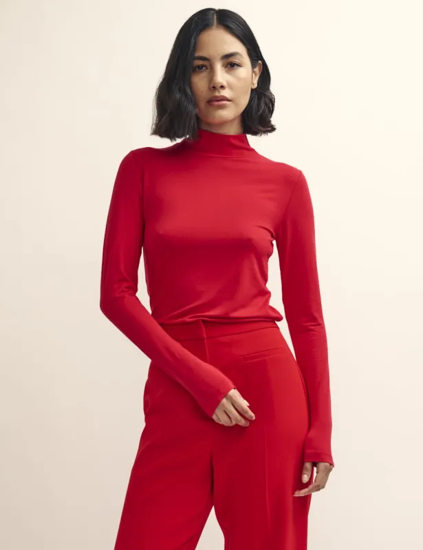Red Funnel Neck Long Sleeve Jersey Top sold by Nobody's Child