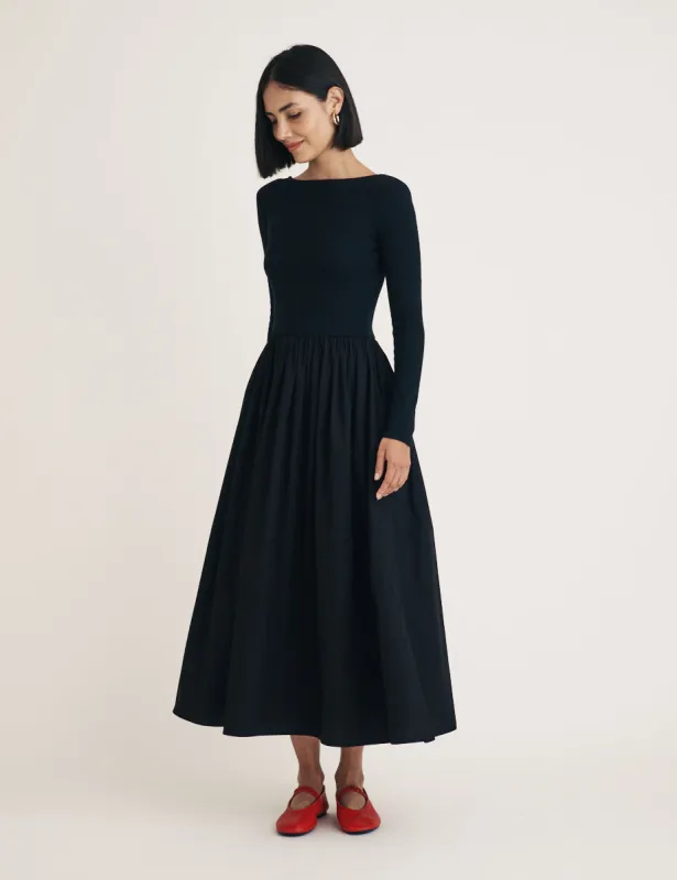 Black Long Sleeve A-Line Penni Midi Dress sold by Nobody's Child