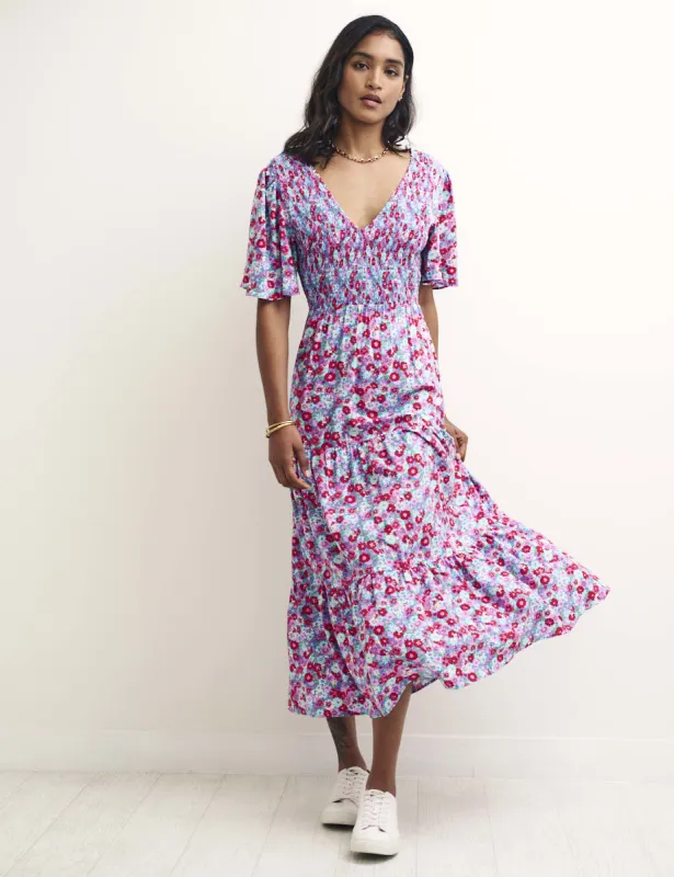 Blue Floral Shirred V-Neck May Midi Dress made by Nobody's Child