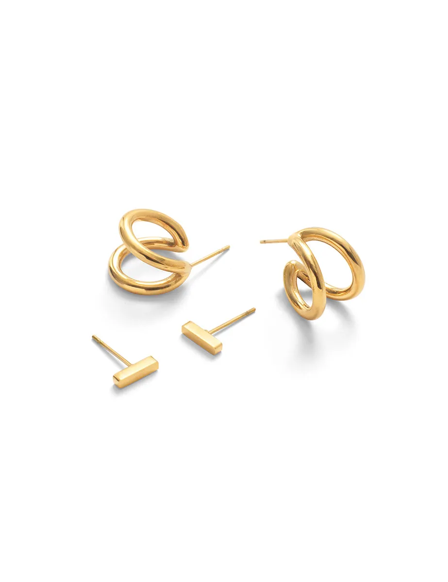Gold Double Huggie Hoops & Bar Stud Earrings sold by Nobody's Child product image thumbnail 3