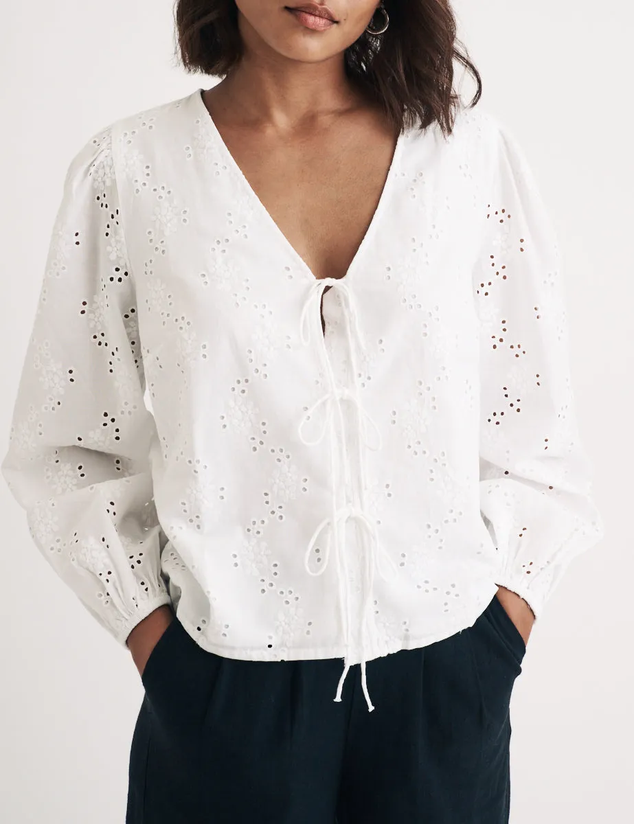 White Broderie Anglaise Tie Front Bernadetta Blouse sold by Nobody's Child product image thumbnail 3
