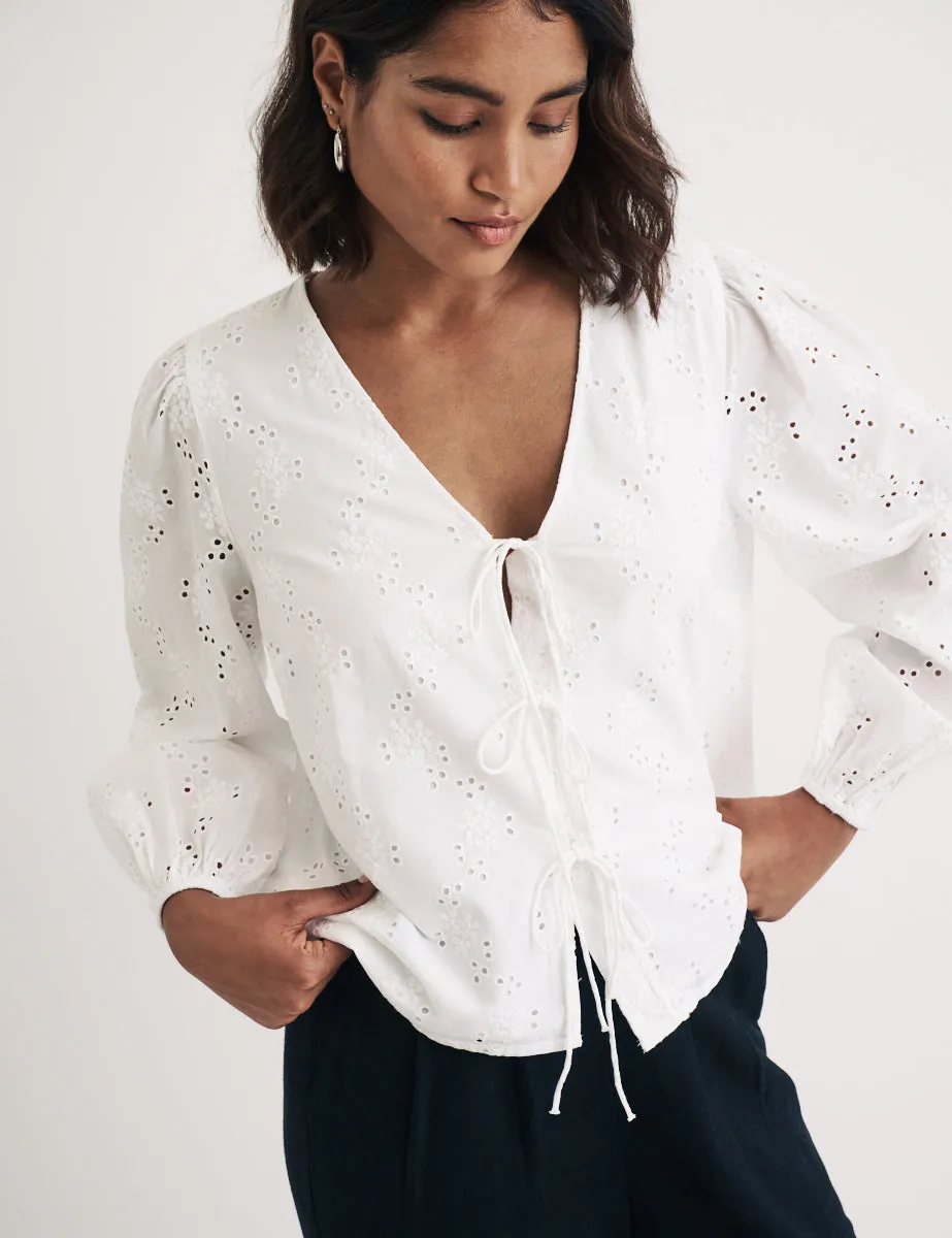 White Broderie Anglaise Tie Front Bernadetta Blouse sold by Nobody's Child