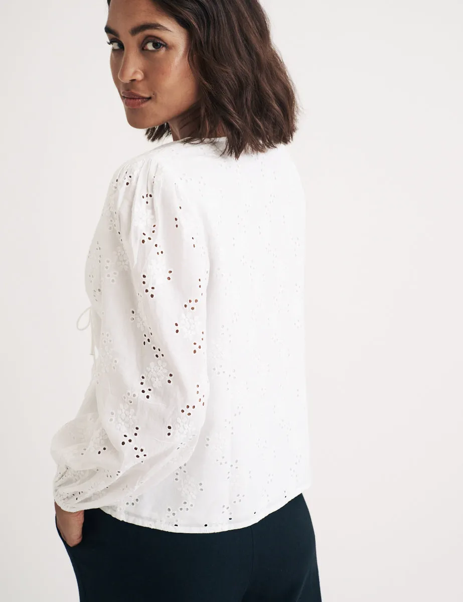 White Broderie Anglaise Tie Front Bernadetta Blouse sold by Nobody's Child product image thumbnail 4
