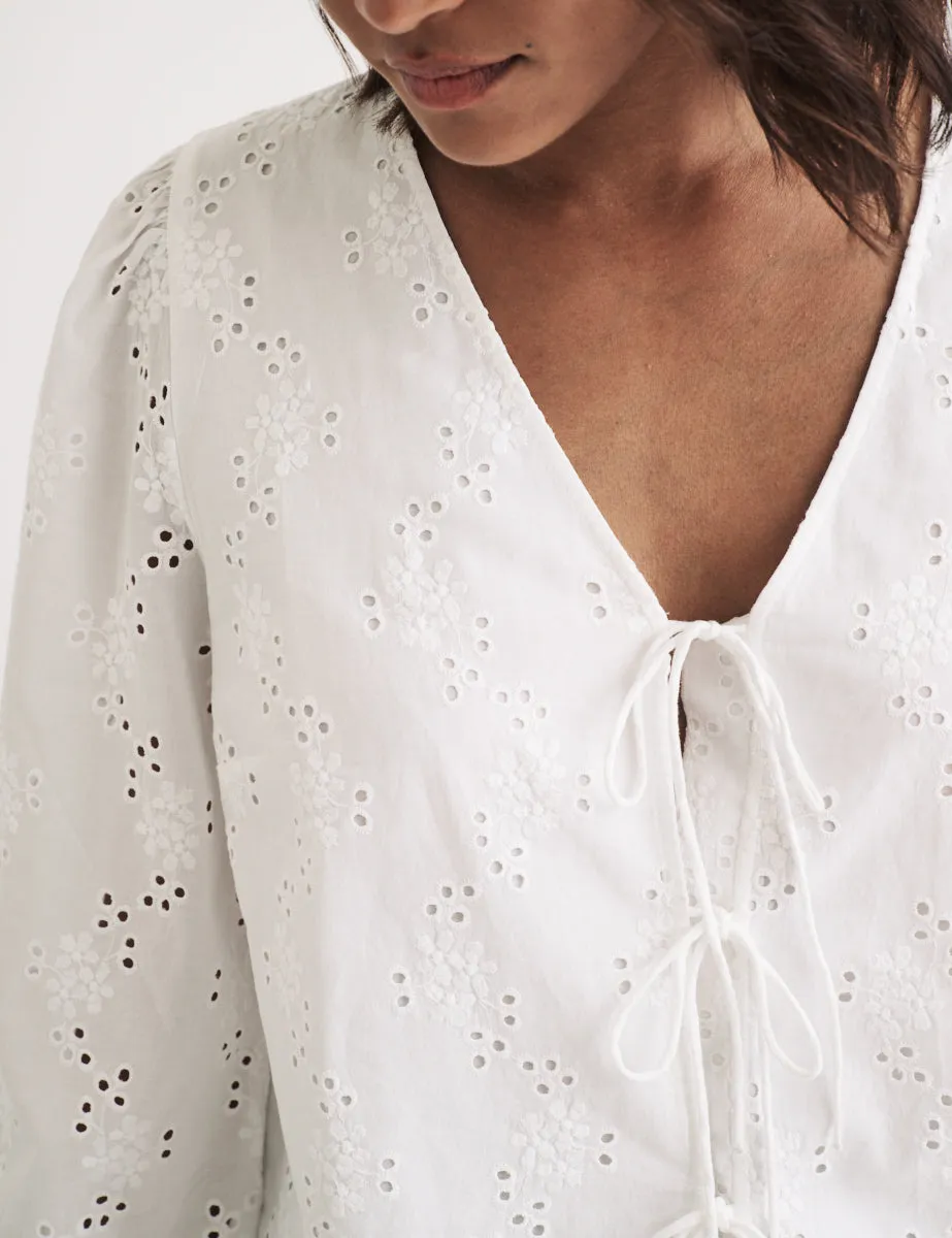 White Broderie Anglaise Tie Front Bernadetta Blouse sold by Nobody's Child product image thumbnail 2