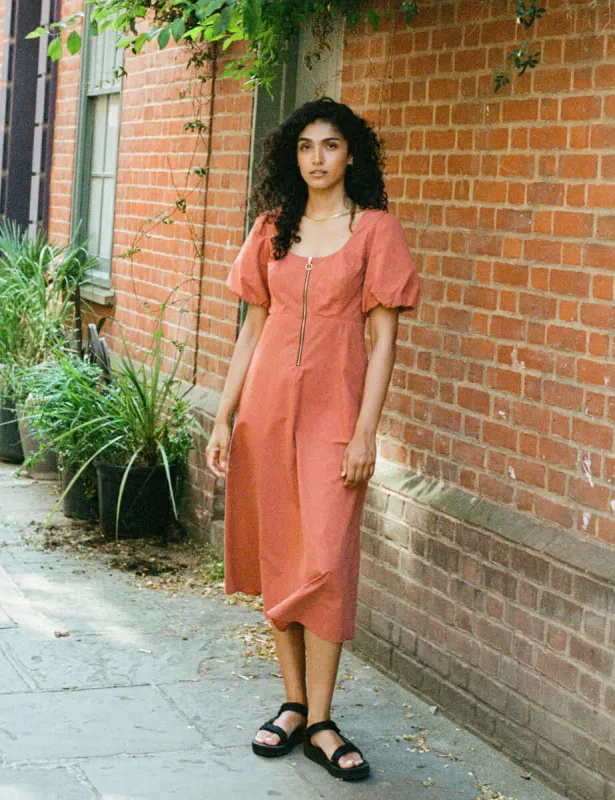 Terracotta Zip Front Gwen Midi Dress sold by Nobody's Child
