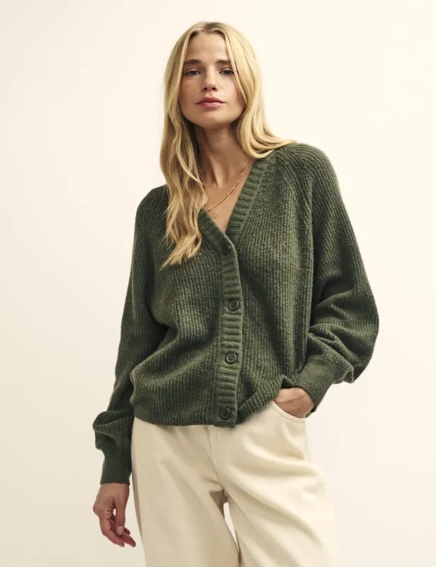 Khaki Green Rib Knit V-Neck Button-Up Cardigan sold by Nobody's Child