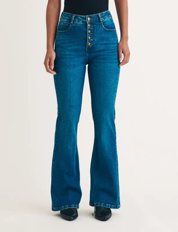 Mid Wash Denim Flared Jeans sold by Nobody's Child