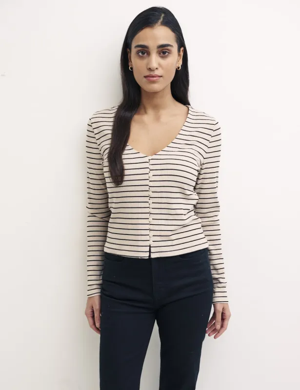Cream Stripe Long Sleeve Button Through Top sold by Nobody's Child