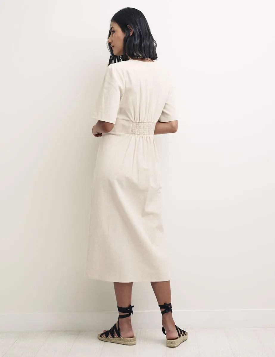 Cream Linen-blend Alexa Midi with Shirring Dress sold by Nobody's Child product image thumbnail 4