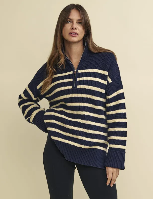 Navy Striped Half Zip Knitted Jumper sold by Nobody's Child