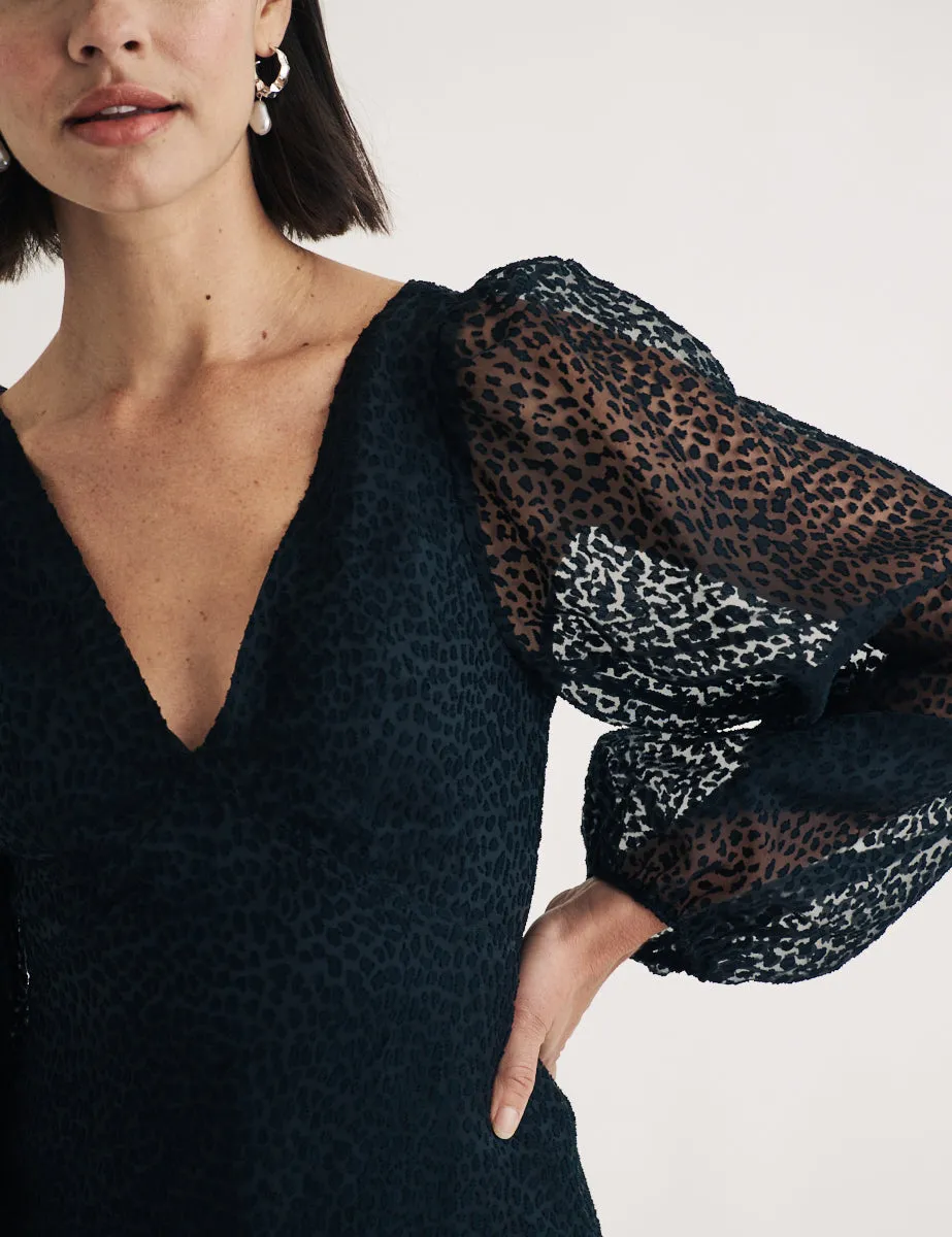 Black Leopard Print Ballon Sleeve Zendaya Mini Dress sold by Nobody's Child product image thumbnail 2