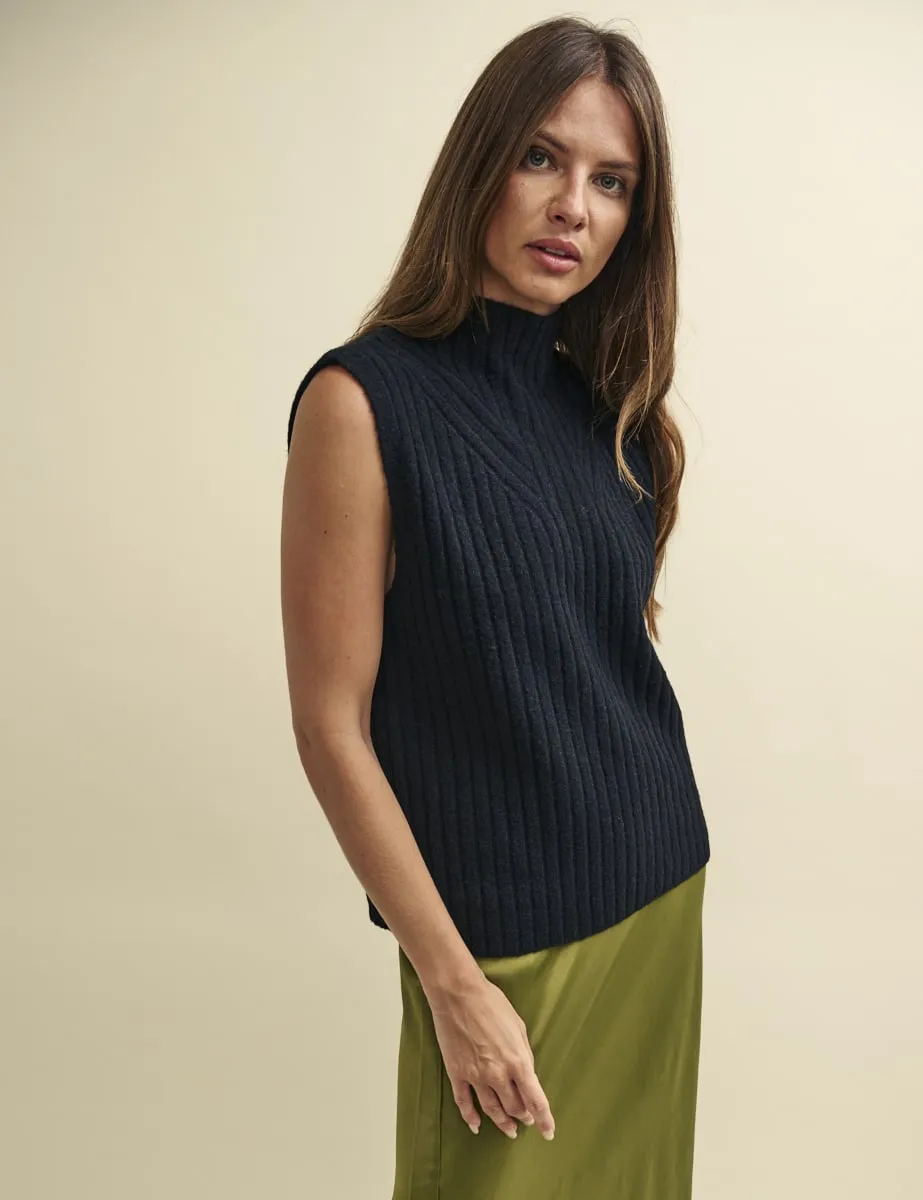 Black Funnel Neck Rib Oversized Knitted Vest sold by Nobody's Child