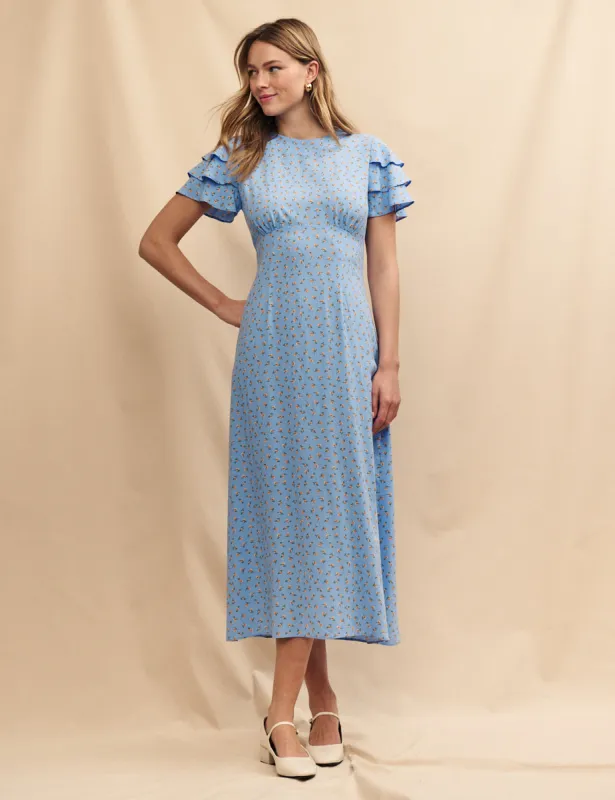 Blue Ditsy Floral Frill Sleeve Fatima Midi Dress made by Nobody's Child