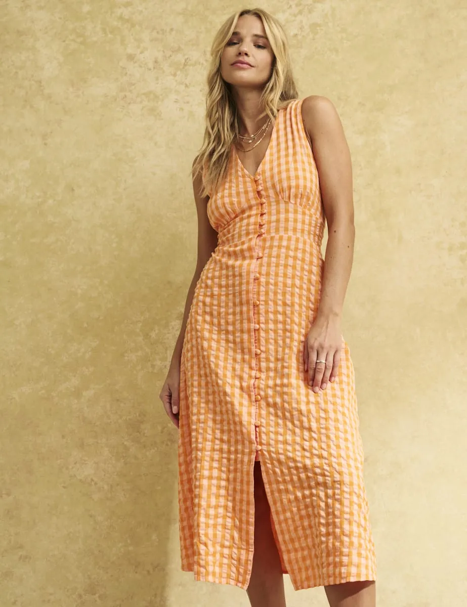 Orange Gingham Check Sandra Midi Dress sold by Nobody's Child
