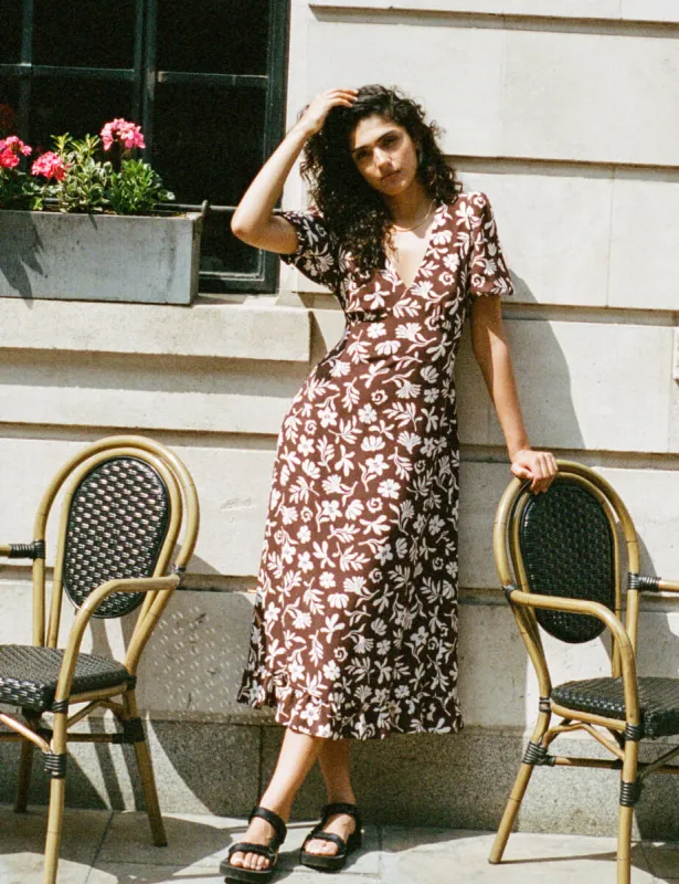 Brown Botanical Print Delilah Midi Tea Dress sold by Nobody's Child