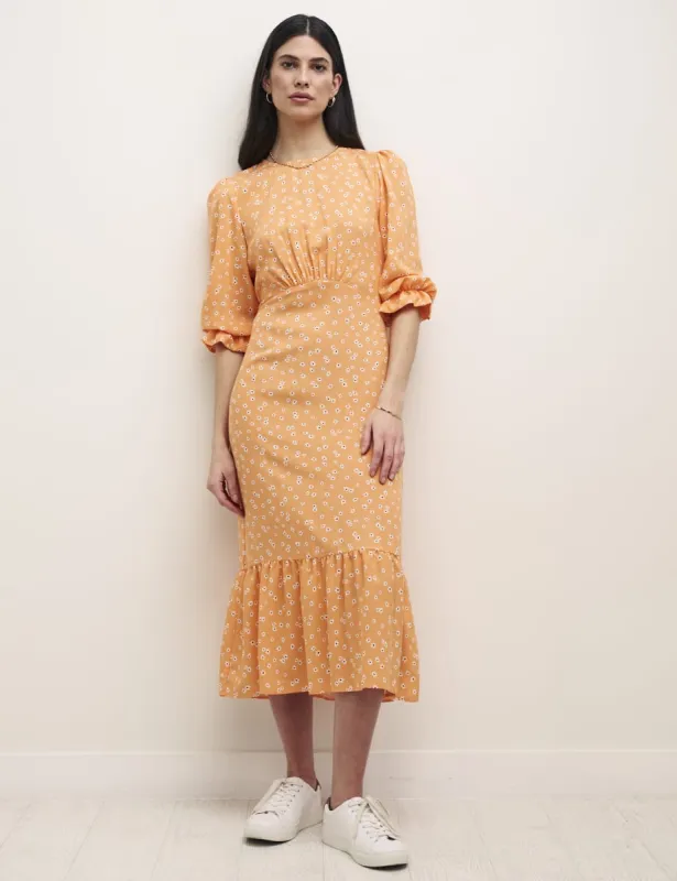 Orange Ditsy Floral Selena Midi Dress sold by Nobody's Child